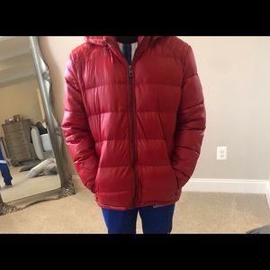 Red puffer coat by Guess